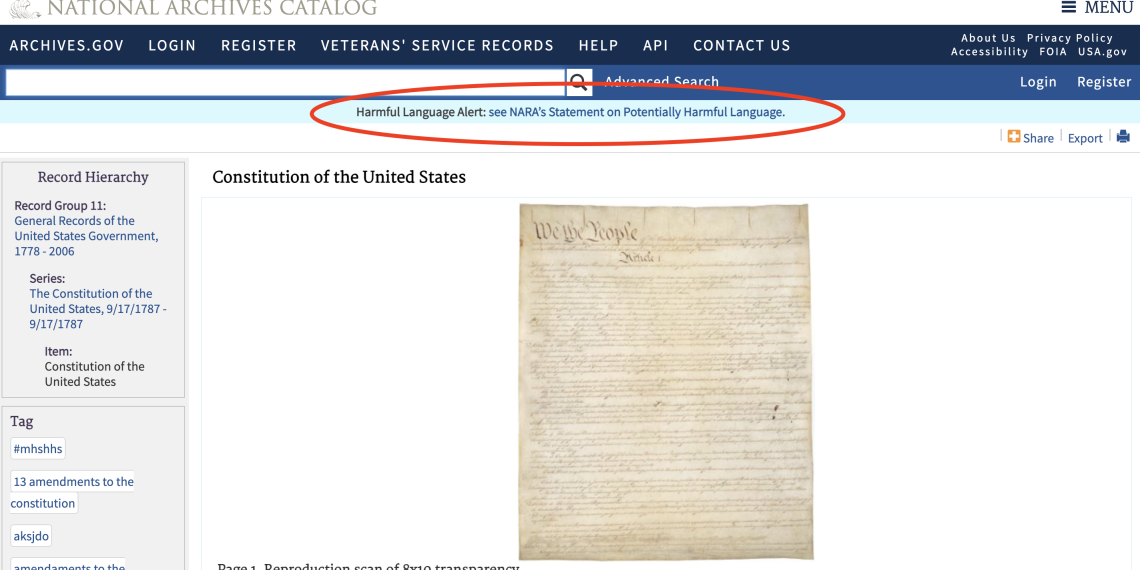 U.S. Constitution Tagged With ‘Harmful Language Alert’ By National Archives