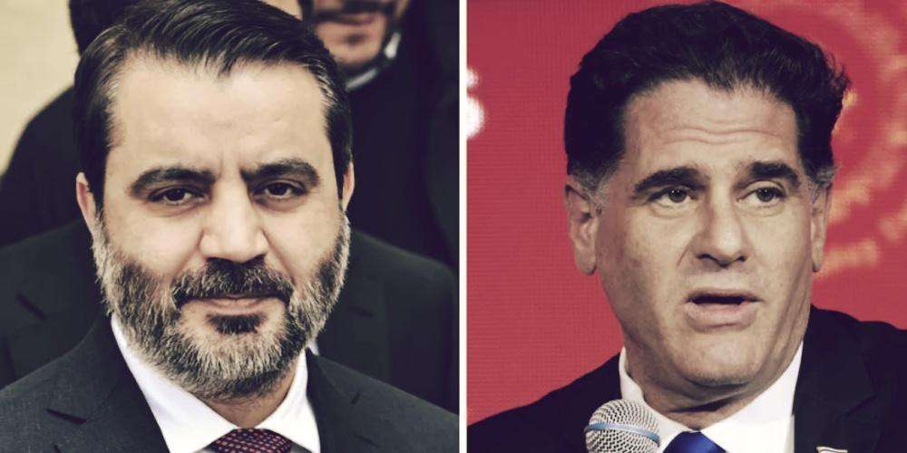 Syria's Foreign Minister Asaad Hassan al-Shaibani, Israeli Strategic Affairs Minister Ron Dermer